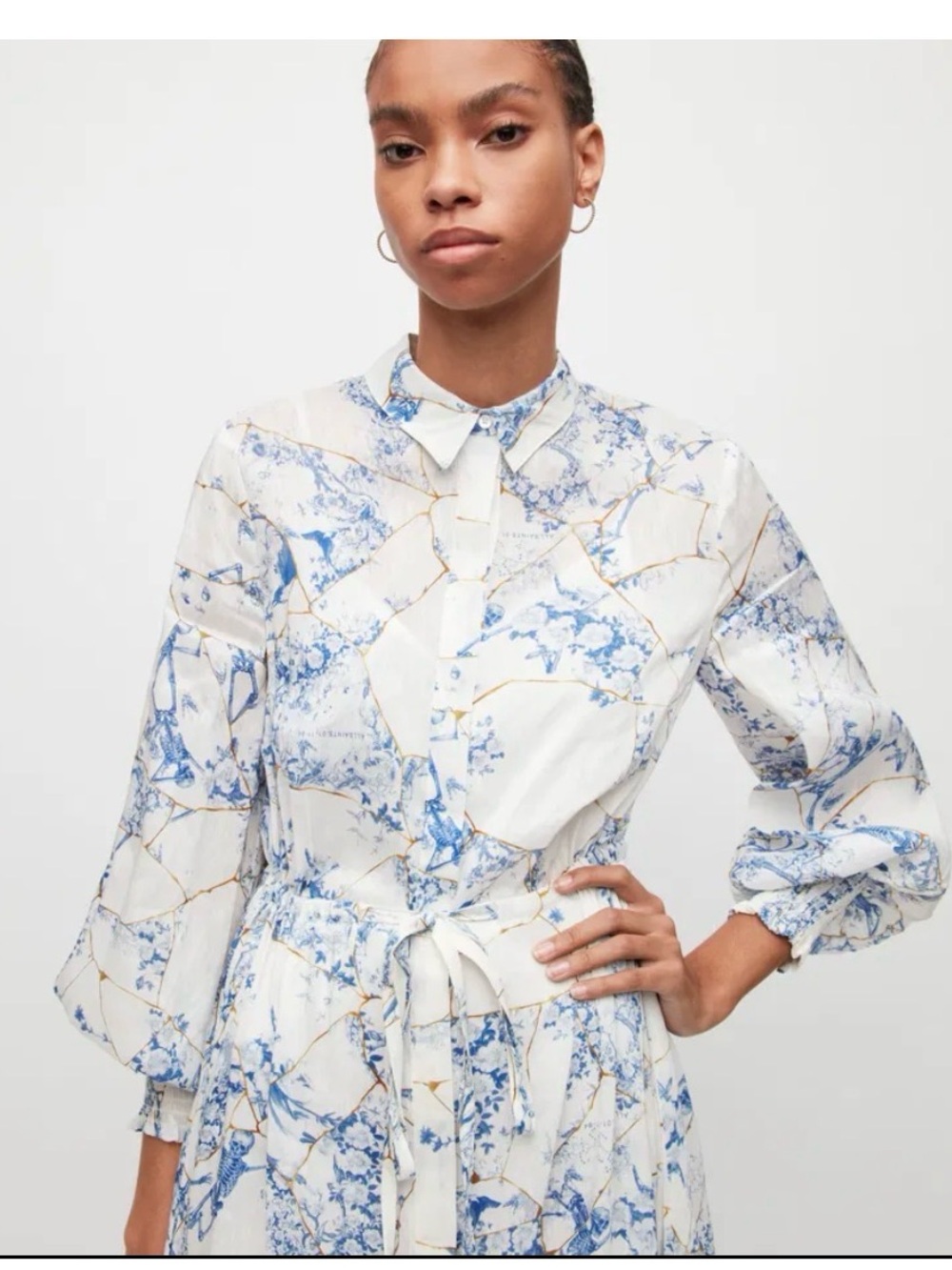 All Saints White & Blue Floral Marble Print Tie-Waist Button-down dress